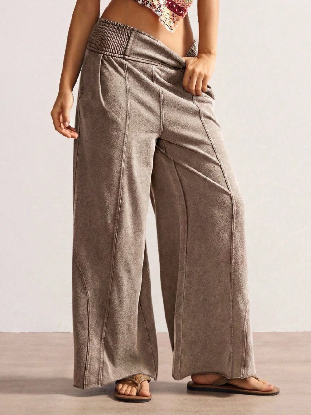 Rust Brown Casual Women's Knit Loose Wide-Leg Washed Pants - Picture 4 of 7